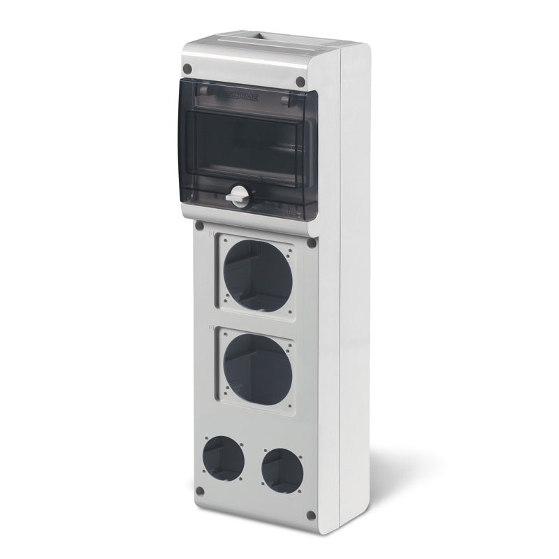 CUADRO BLOCK3, 6 DIN, IP66, 4 BASES 1 PARA FIJACION DE 16-32A 84X106/70X87mm, 1 PARA FIJACION DE 16A 70X87mm, 2 PARA FIJACION DE 50X60mm, DIMENSION 440X136X105mm