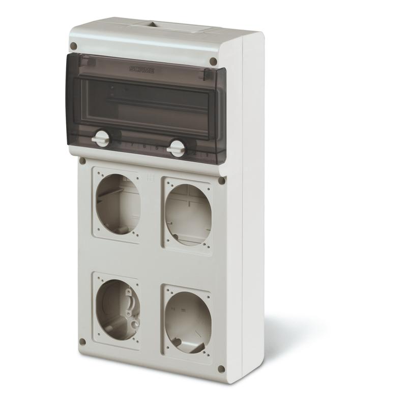 CUADRO DE DISTR. BLOCK4, 11 DIN, IP66, 4 BASES 2 PARA 16-32A 84X106/70X87mm Y 2 PARA 16A 70X87mm, DIMENSION 415X212X105mm