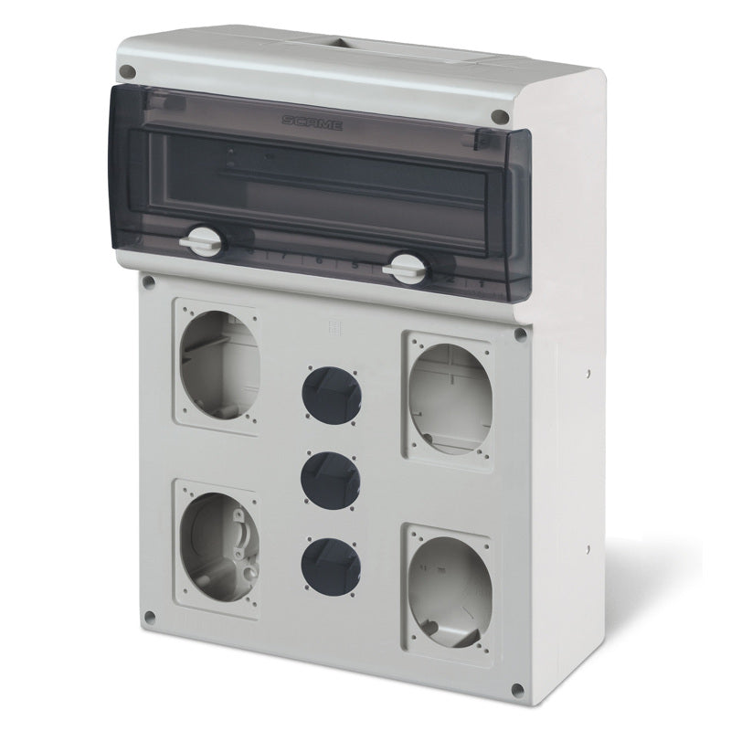 CUADRO DE DISTR. BLOCK5, 14 DIN, IP66, 7 BASES PARA 16-32A 84X106/70X87mm, 3 PARA FIJACION DE 50X60mm, DIMENSION 414X272X110mm