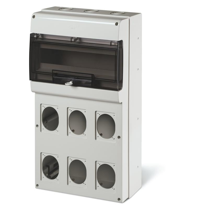 TABLERO SERIE DOMINO IP66, CUADRO DE DISTRIBUCION 16 MODULOS DIN, PARA 6 TOMAS 70X87/84X106mm (16-32A) M550 550x328x140mm