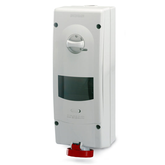 TOMAS CON BLOQUEO Y DISPOSITIVO DE ENCLAVAMIENTO 3P+T 16A 380-415V IP66/67 CON VISOR Y GUIA DIN 6 MODULOS, SERIE ADVANCE2