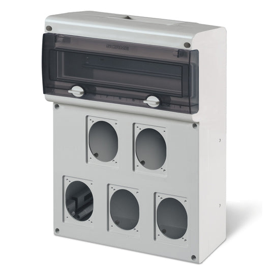 CUADRO DE DISTR. BLOCK5, 14 DIN, IP66, 6 BASES PARA 16-32A 84X106mm Y 70X87mm,DIMENSION 414X272X110mm