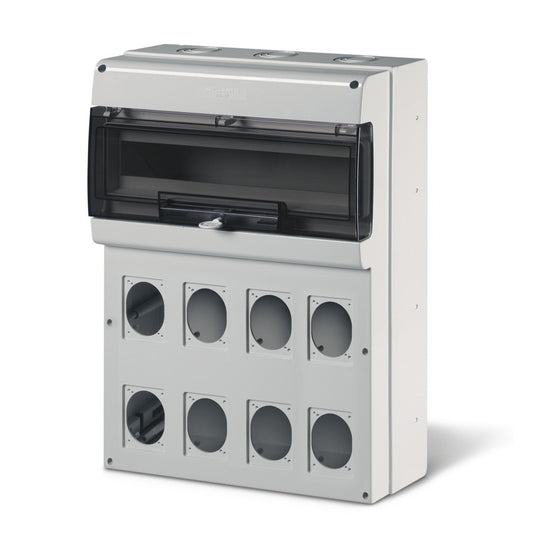 TABLERO SERIE DOMINO IP66, CUADRO DE DISTRIBUCION 24 MODULOS DIN, PARA 8 TOMAS 70X87/84X106mm (16-32A) M550 550X477X150mm