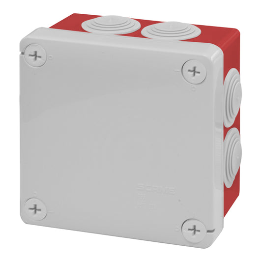 CAJA  DE DERIVACION ESTANCA ROJA CIERRE A PRESION O CON TORNILLO 1/4 VUELTA IP55 100X100X50mm , 7 CONOS P/PG21 ,GW 960  C PARA ALTA TEMPERATURA SERIE CUBIK